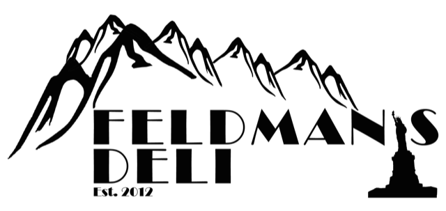 Black deli logo with mountains and silhouette