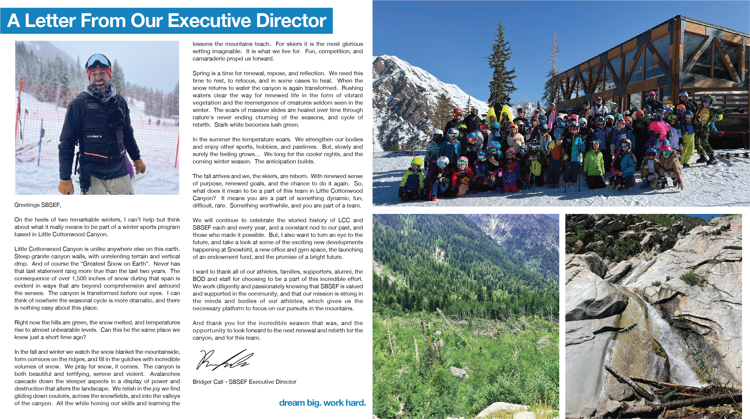 Newsletter page with executive director letter and photos