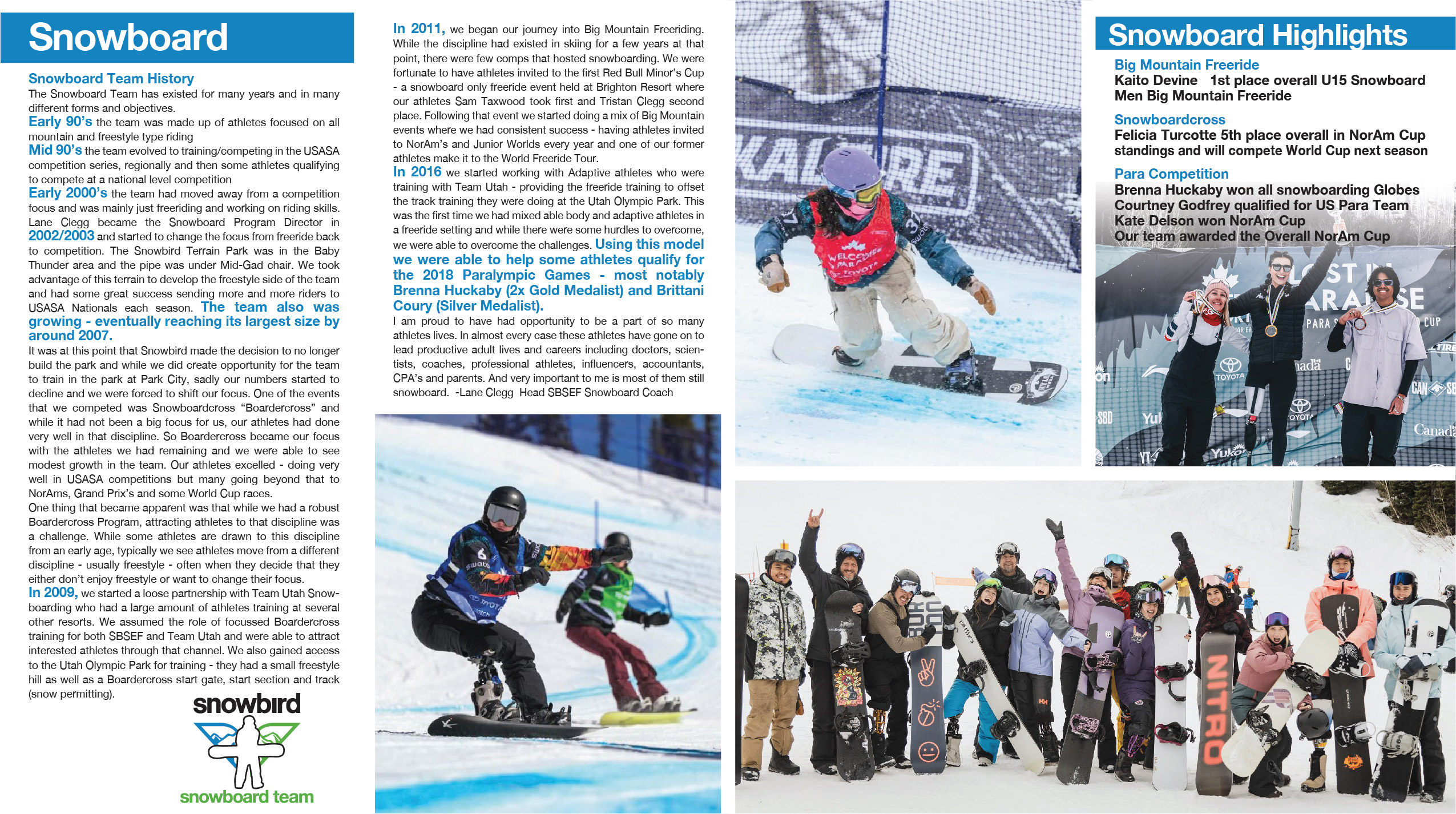 Snowboarding brochure with action photos and team